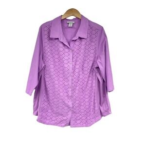 Catherines Top 0X Light Purple Lavender Semi-Sheer Eyelet 3/4 Sleeve Button